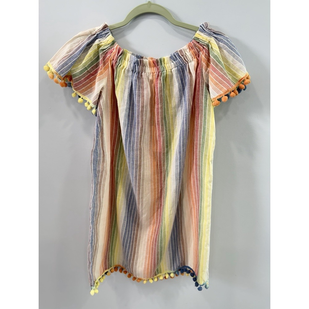 America And Beyond Rainbow Stripe Off Shoulder Pom Pom Boho Peasant Top SM - Picture 2 of 8